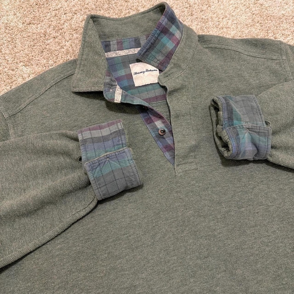 Y2K Vintage Tommy Bahama Long Sleeve Polo Shirt | Green with Plaid Trim | XL